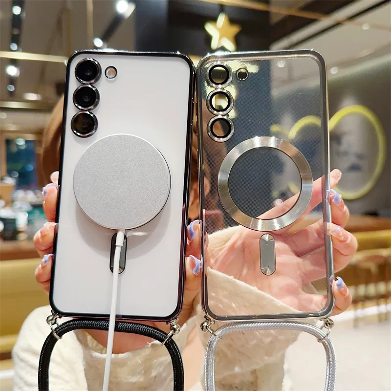 Crossbody Lanyard Magnetic Clear Case Samsung Galaxy S24 S23 S22 S21 FE Ultra Plus For Magsafe Electroplated Soft TPU Cover