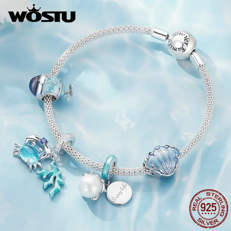WOSTU 925 Sterling Silver Ocean Series Blue Turtle Charms Shell Pendant Crab & Seaweed Beads for Women Fit DIY Bracelet Necklace