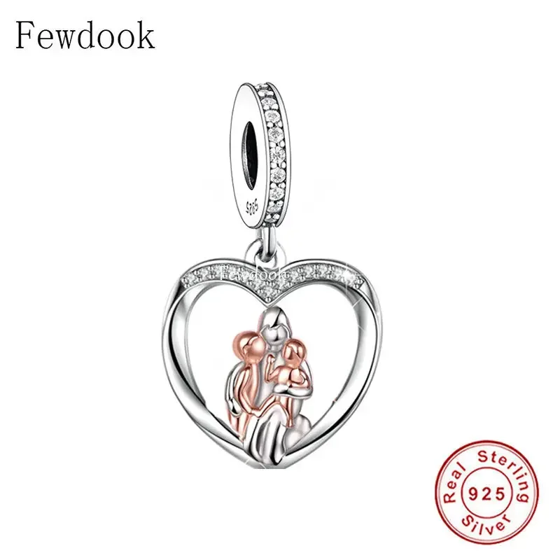 Fit Original Pan Charm Bracelet 925 Sterling Silver Mother and Two Children Mummy We Love You Bead For Making Women Berloque DIY