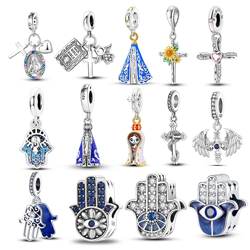 Devil's Eye Palm Charm Cross Amulet Charms Pendant Beads Fit Original Bracelet 925 Sterling Silver Jewelry DIY Making