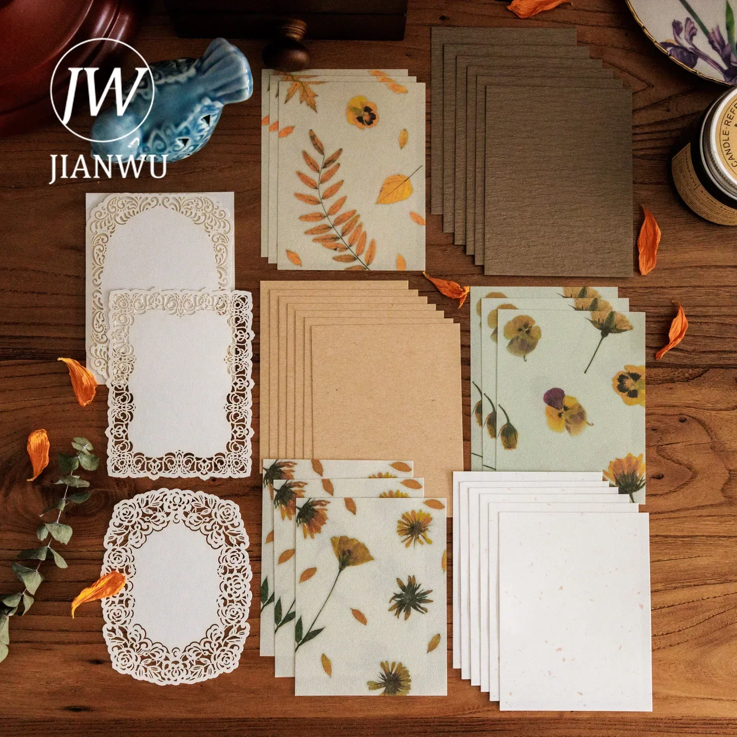 JIANWU 30 Sheets Hollow Echo Series Vintage Flower Hollow Decor Material Paper Creative DIY Junk Journal Collage Stationery
