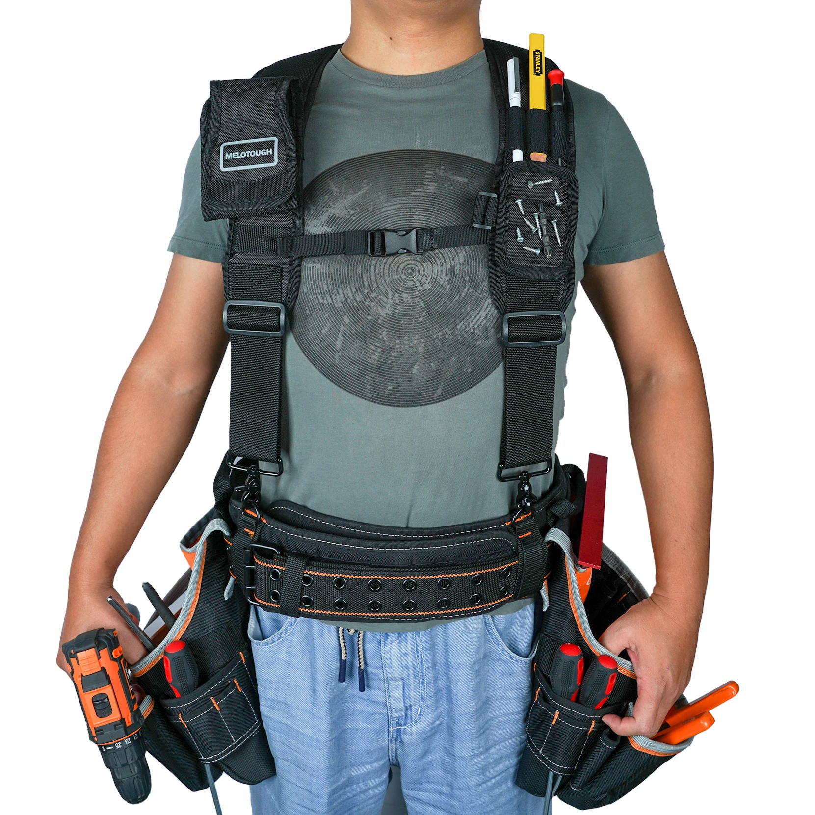 Magnetic Suspenders Tool Belt Suspenders with Large Moveable Phone Holder Pencil Holder, Adjustable Size Padded Suspends