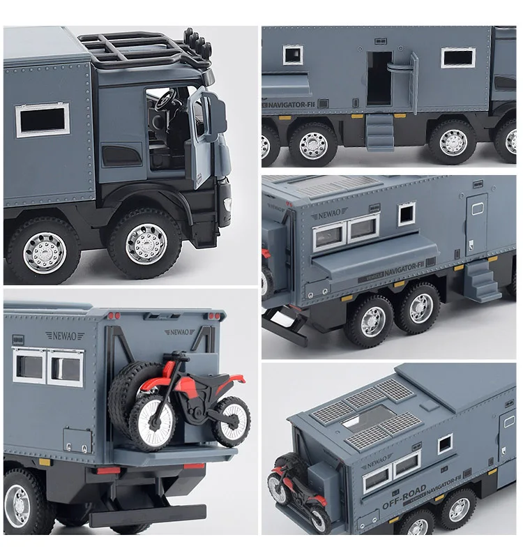 1/28 Arocs Unimog Alloy Motorhome Touring Car Model Diecast Metal Off-road RV Vehicles Model Sound and Light Children Toy Gift