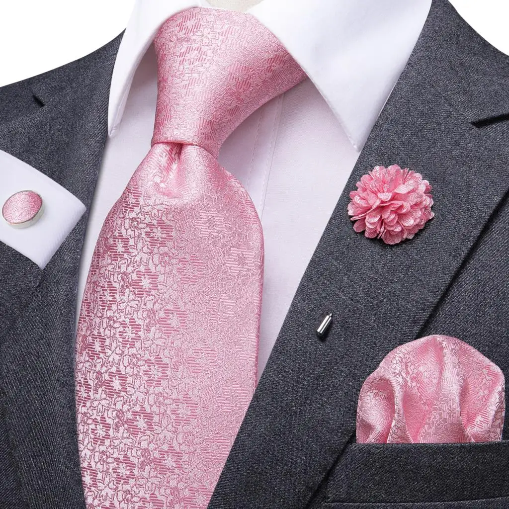Pink Solid Floral Mens Necktie Luxury 8.5cm Wide Silk Wedding Tie Pocket Square Cufflink Set Brooch Gift For Men Hi-Tie Designer