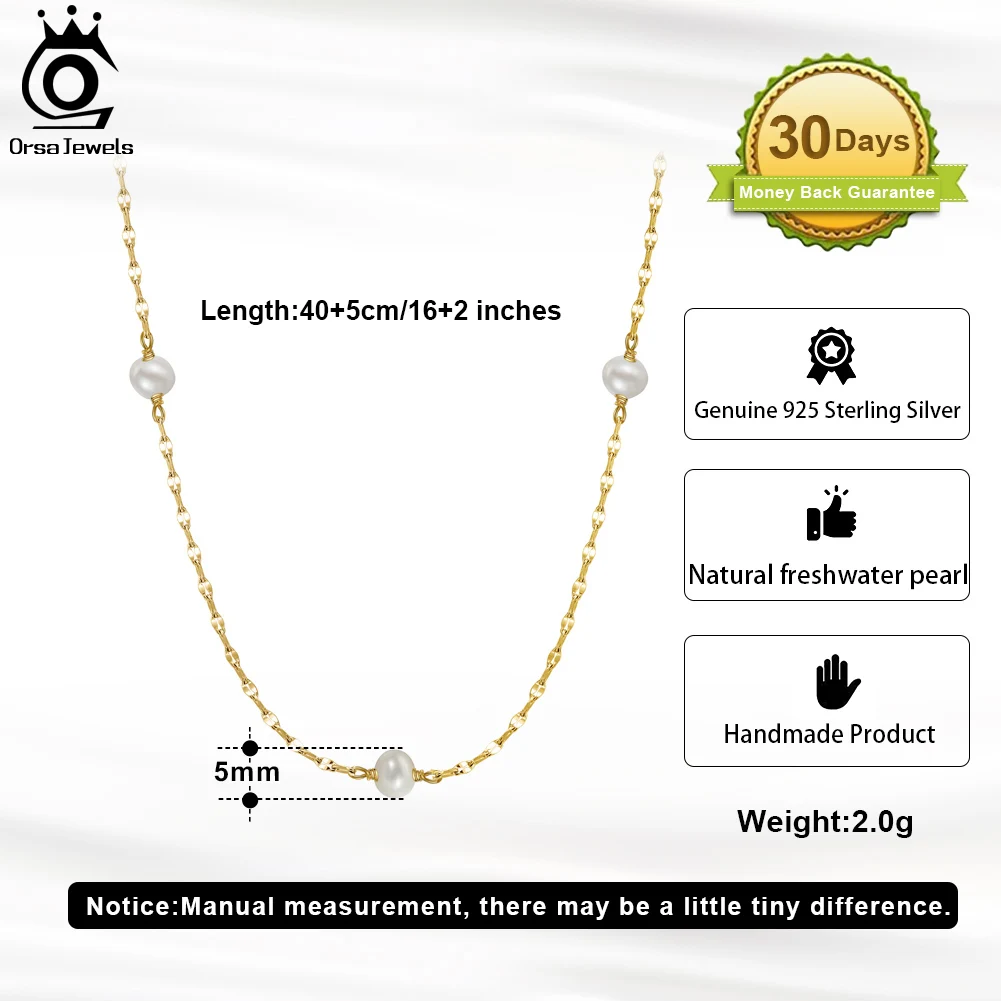 ORSA JEWELS 14K Gold 925 Sterling Silver Choker Pearl Necklace Handmade 5mm Natural Baroque Pearl Chain for Women Jewelry GPN35