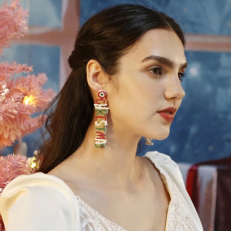 Autumn/Winter Colorful Letter Earrings Christmas Handmade Lightweight High Quality Bead Jewelry 241031