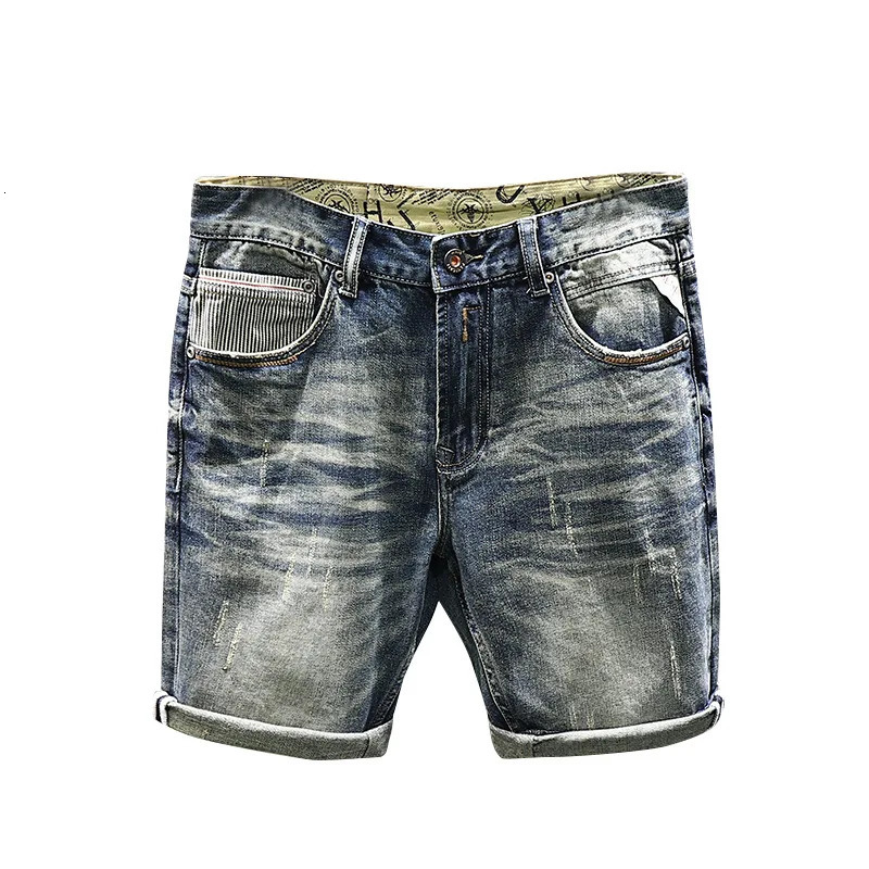 Summer Mens Vintage Straight Denim Shorts Korean Fashion Dilapidated Street Hip-hop Pants Male Youth Short Jeans 240327