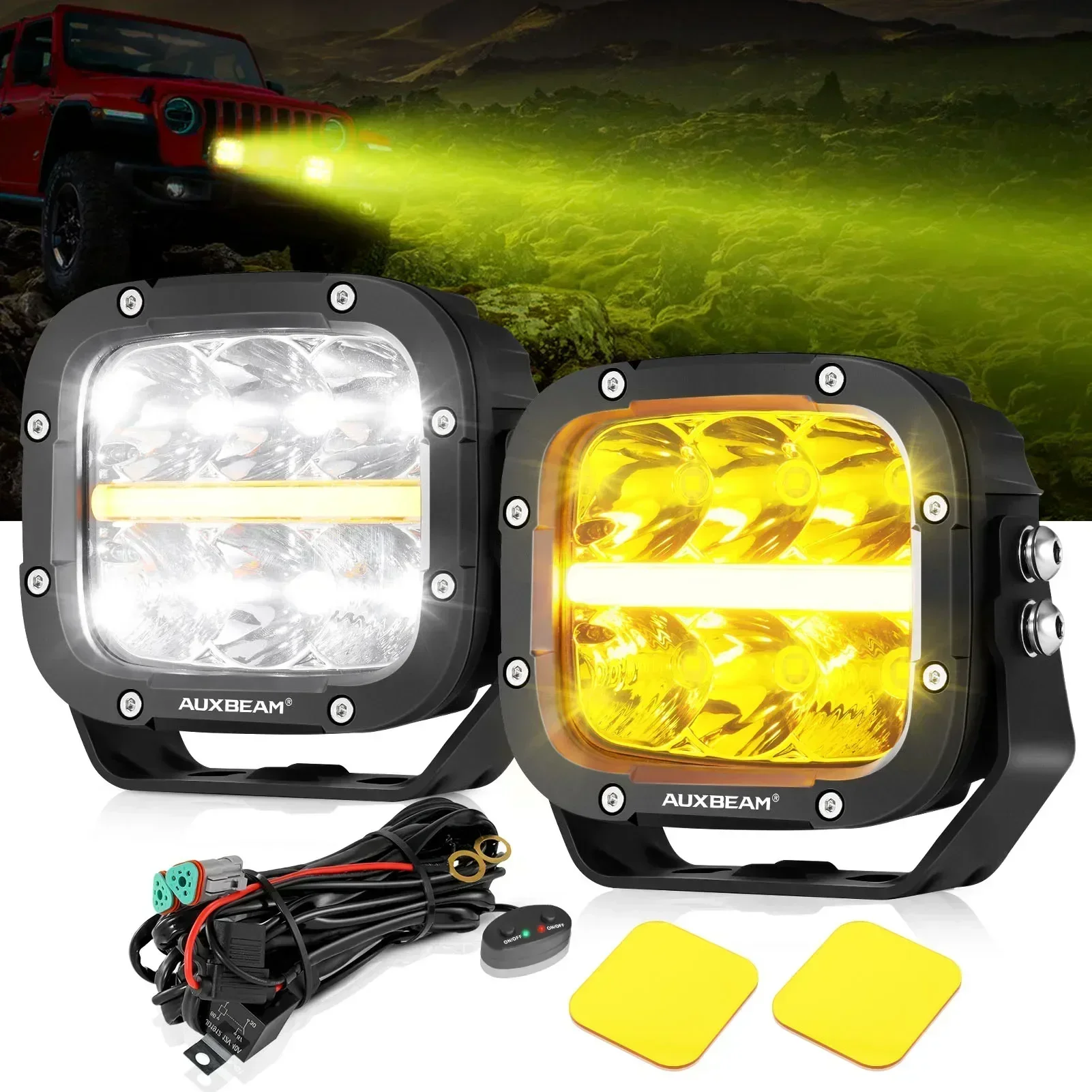 AUXBEAM LED Driving Lights 5 inch 132W Work Light Spot Flood Combo Beam Offroad LED POD Lamp DRL with DT Plug Wiring Harness