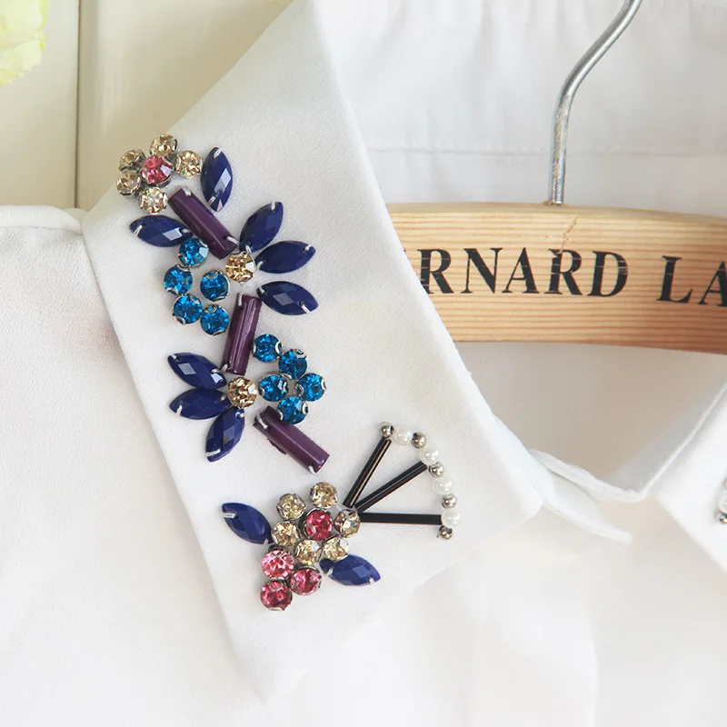 New Design Popular Rhinestone Floral Decorations Detachable Lapel Shirt Blouse Fake Collar For Ladies Women FS0421