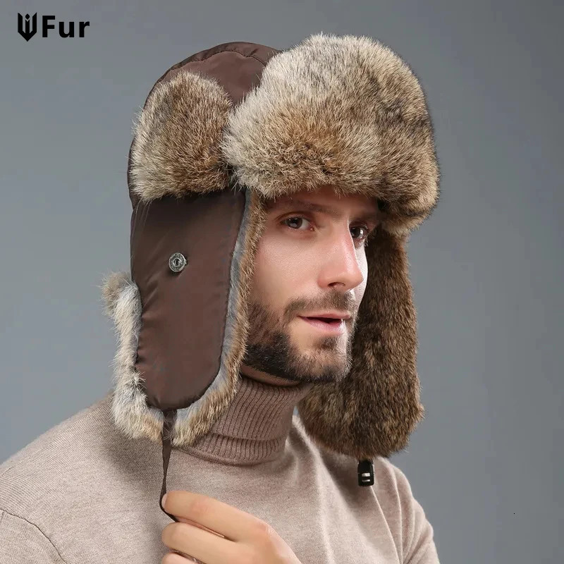 Mens unisex warm hunting device pilot cavalry earmuffs winter warm flap ski hat bomber hat 100% natural real rabbit fur hat 241031