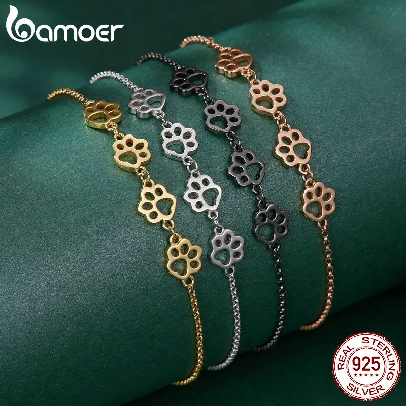 Bamoer Genuine 925 Sterling Silver Cute Pet Footprints Bracelet Cat Paw Adjustable Chain Bracelet for Women Birthday Gift SCB096