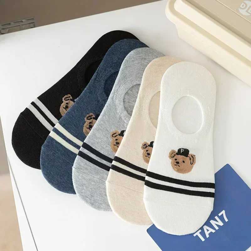 5 pair/batch fashion men boat non slip transparent silicone cotton ankle slippers Cartoon bear summer autumn LX241102