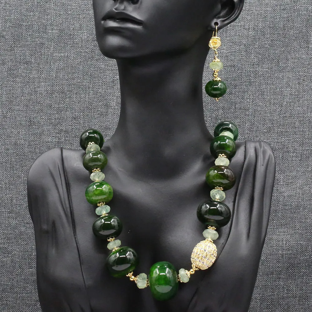 Guai Jewelry Natural Green Prehnite Jade Polishing Raw Agate Smooth Rondelle CZ Bead Necklace Bracelet Earring Set 241031
