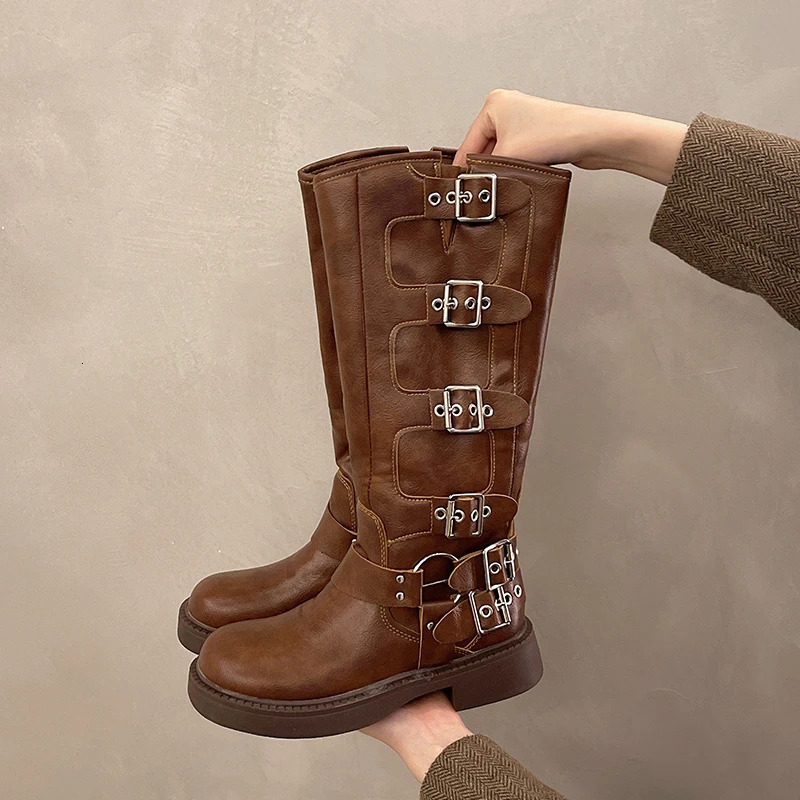 Autumn And Winter 2024 Vintage Thin Western Cowboy Boot Medium Heel Leather Cavalry Boots