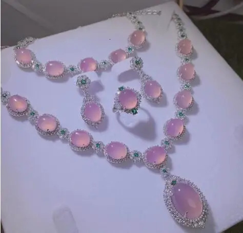 Silver natural stone green inlay jade agate jade necklace bracelet earring jewelry crystal zircon 241031
