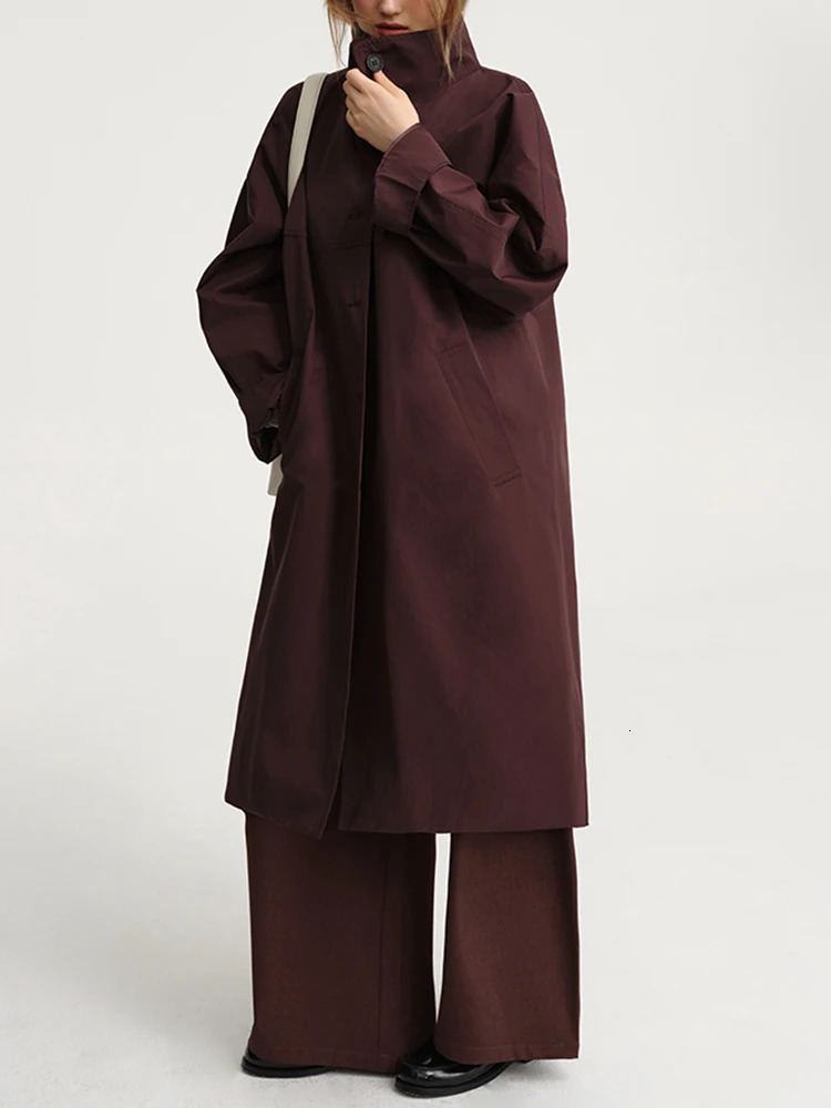 TWOTWINSTYLE Solid Casual Trench Womens Stand up Collar Long Sleeve Patch Work Single Chest Temperature Long Coat Womens 241031