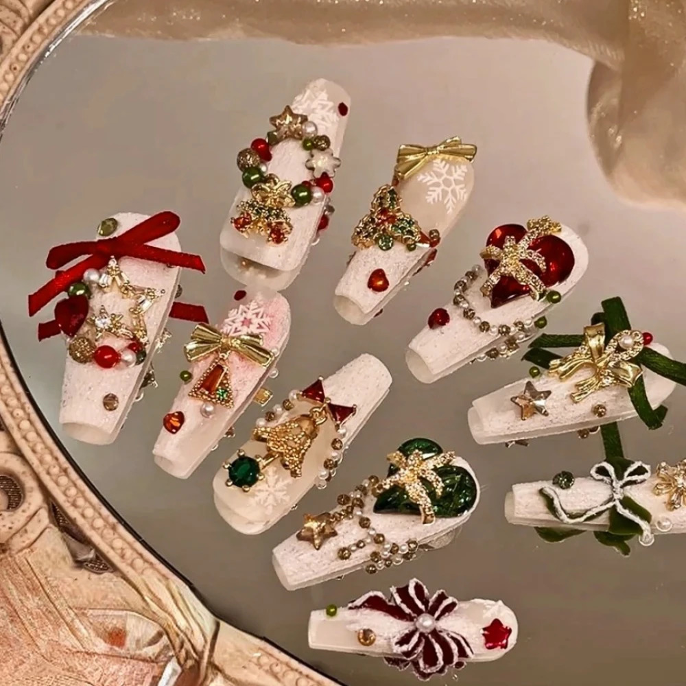 10 Handmade Pressing Christmas Nails Cute 3D Snowman Long Coffin Co. Ltd. Fake Nail n Art DIY Nail Set 241031
