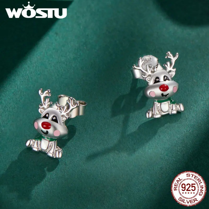 WOSTU 925 sterling silver lucky Christmas reindeer stud earrings cute animal earrings womens jewelry party birthday gift 241031