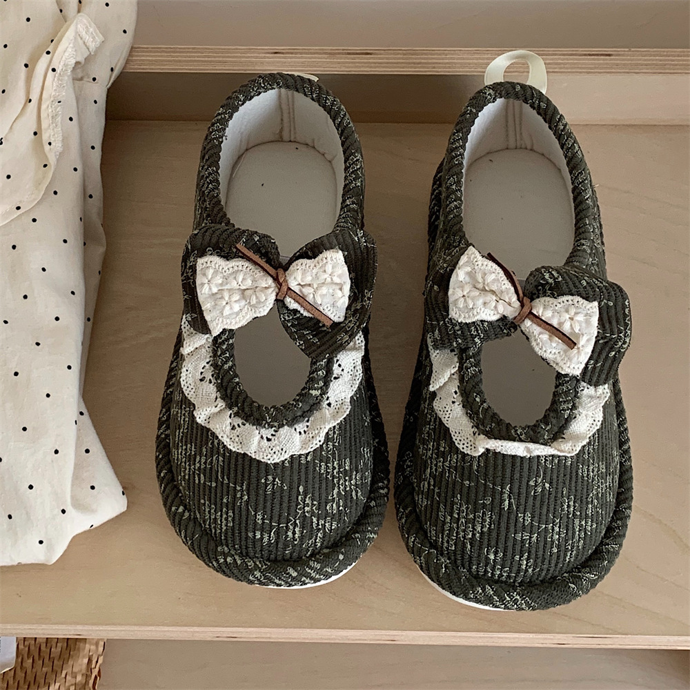 Vintage lace bow Family Slippers Women Girls Cute fluffy winter warm plush indoor flats Bedroom slide casual women's cotton slippers