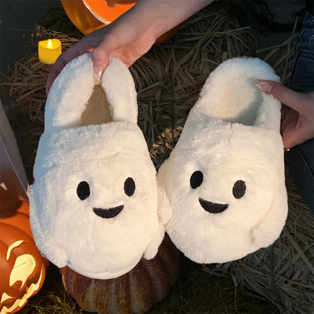 Cute little ghost Winter toe pack Warm cotton slippers Soft sole Slipper ladies indoor floor flat home couple non-slip shoes