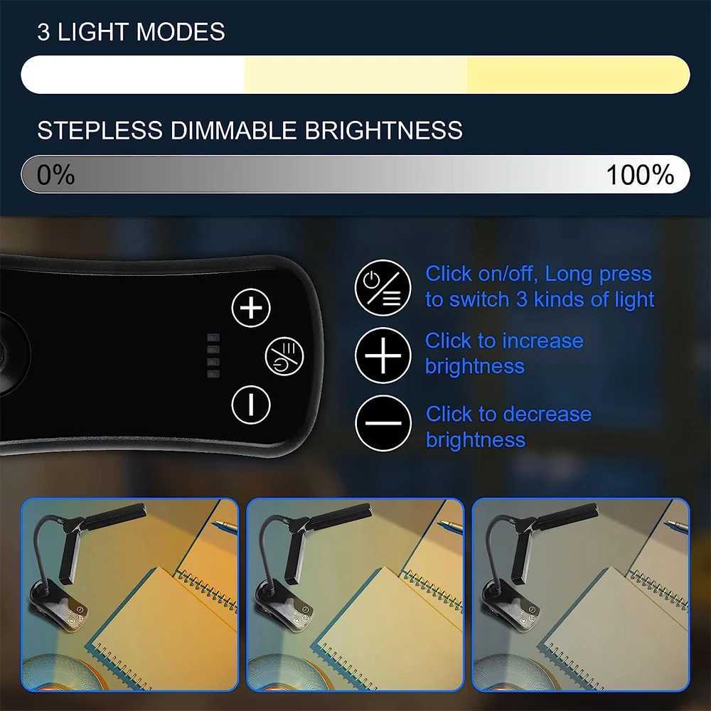 14 LED Clip On Book Light 3 Colors 8 Brightness Usb Rechargeable Night Light Portable Reading Light Book Lamp Mini Desk LampLX241102