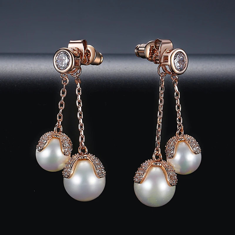 LUOTEEMI Double Pearl Cubic Zirconia Tassel Womens Pendant Earrings Rose Gold Wedding Fashion Jewelry Christmas 241031