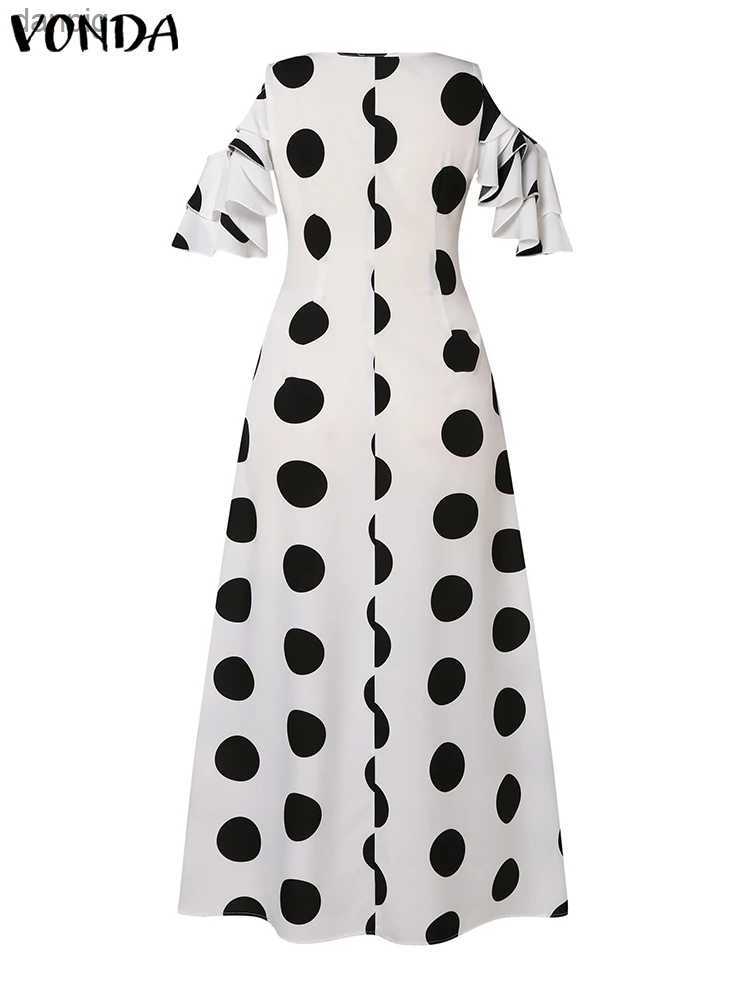 Urban Sexy Dresses Plus size 5XL VONDA Summer Womens Polka Dot Ruffled Sunskirt 2024 Bohemian Casual V-neck Hollow Short Slave Party Dress Y240402