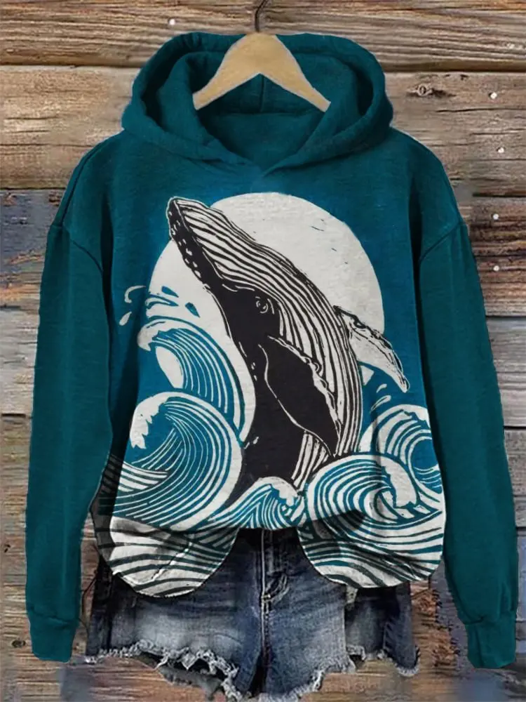 Women's Hoodies Sweater Retro Whale Graphic 3d Print Sweatshirts Autumn Winter O Collar Long Sleeve Top Female Loose Pullover