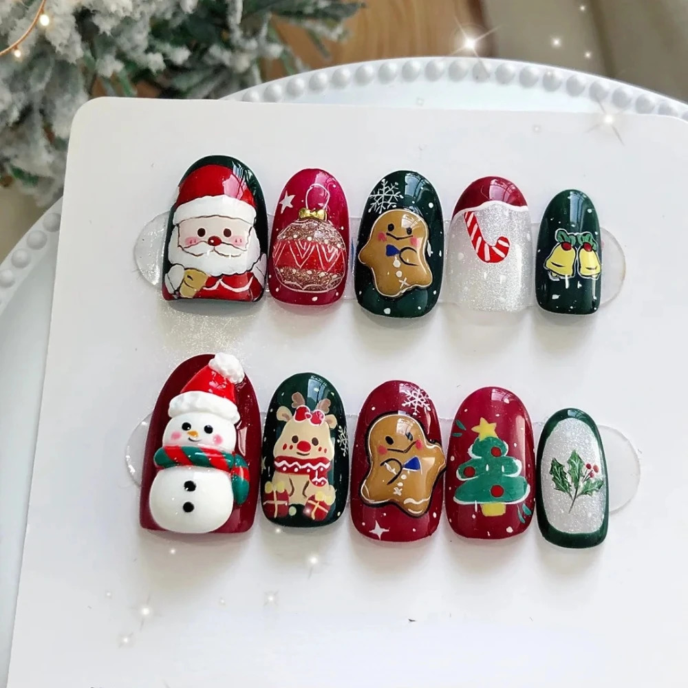 10 handmade pressed nails Christmas cute gingerbread mens oval shaped fake nail n art female gift 241031