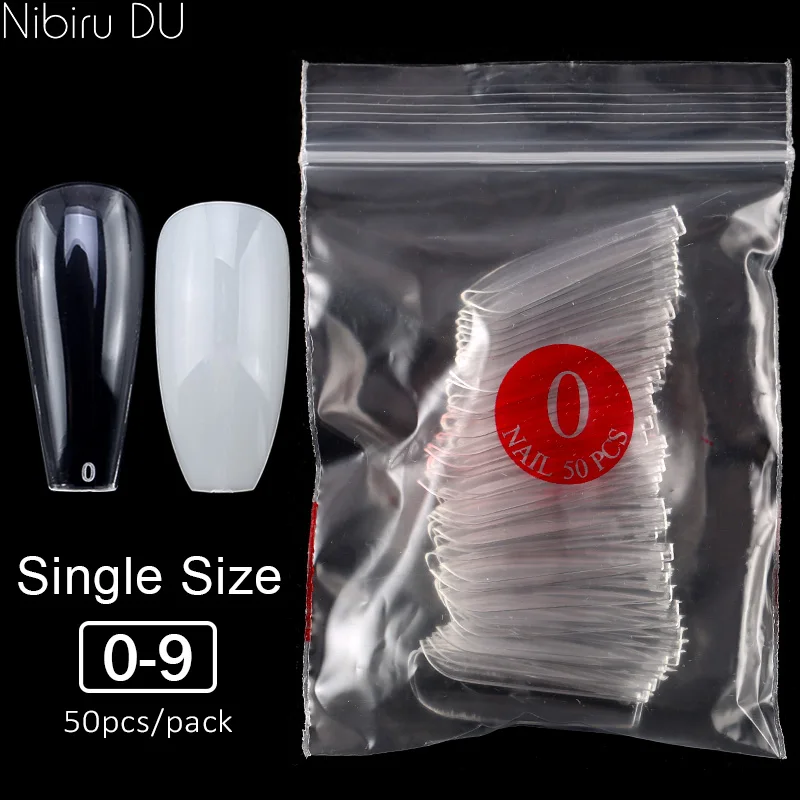 Single Size Fake Nails 0-9 Different Sizes 50Pcs/Bag Acrylic Gel Ballet Coffin Stiletto Full Cover False Nail Clear/Natural