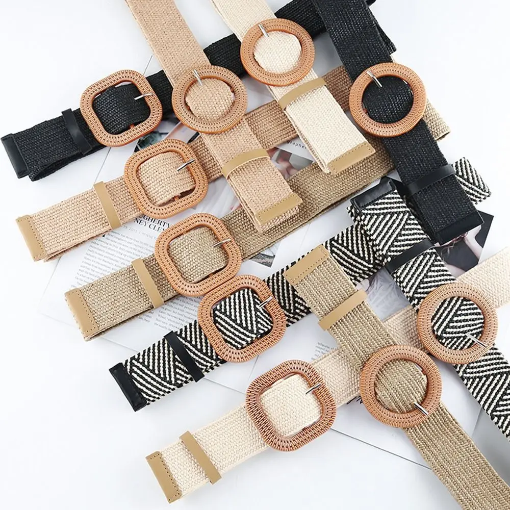 Summer Bohemian Women Elastic Waist Belt Straw Belt Braided Waistbelt Wide