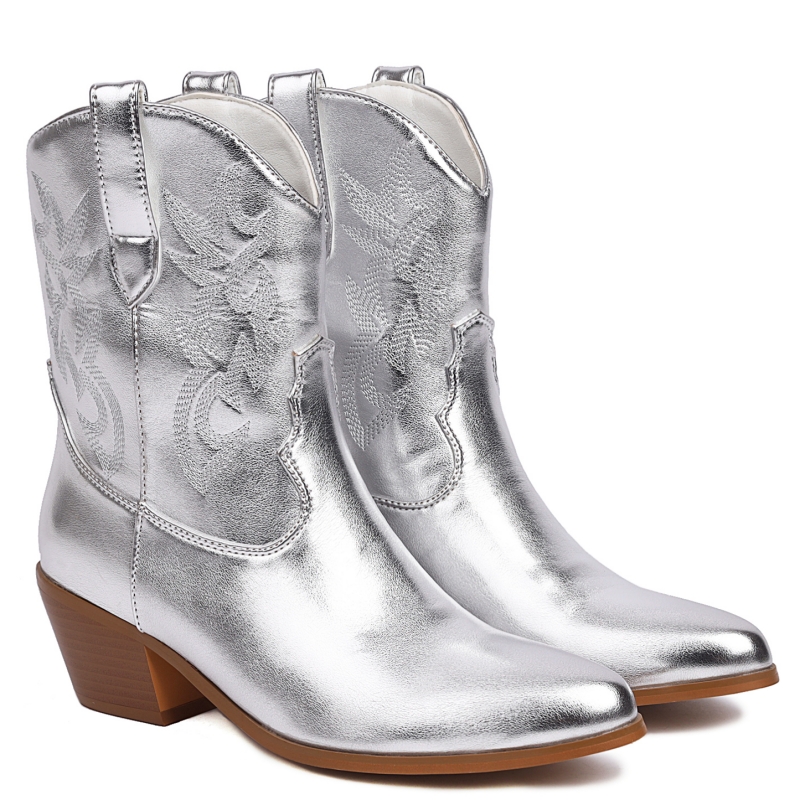Luxury Gold Silver Ankle Boots Shoes For Women 2023 Trends Autumn Winter White Pink Cowboy Boots Party Shoes Ladies Large Size