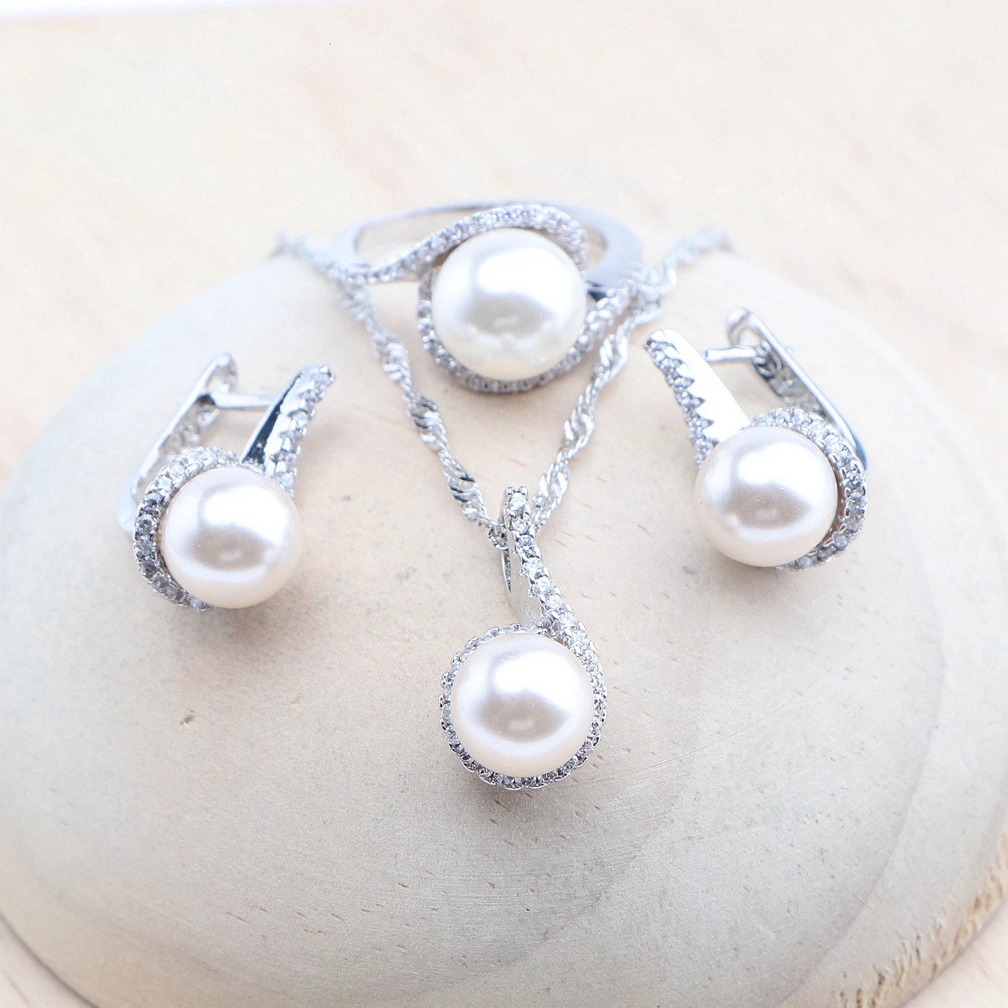 Natural Pearl Jewelry Set 925 Pure Silver White Zircon Ring Bracelet Earrings Pendant Necklace Set 241031