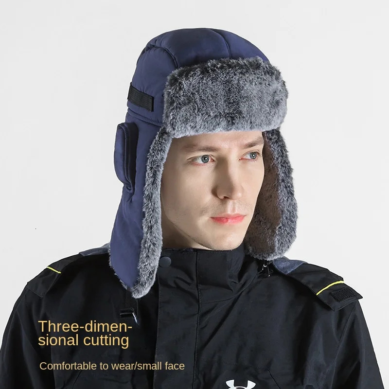 Mens winter hunting hat warm artificial rabbit fur pilot hat Russian cavalry hunting hat with earrings for outdoor skiing in cold weather 241031