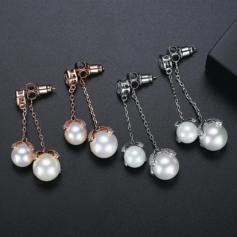 LUOTEEMI Double Pearl Cubic Zirconia Tassel Womens Pendant Earrings Rose Gold Wedding Fashion Jewelry Christmas 241031