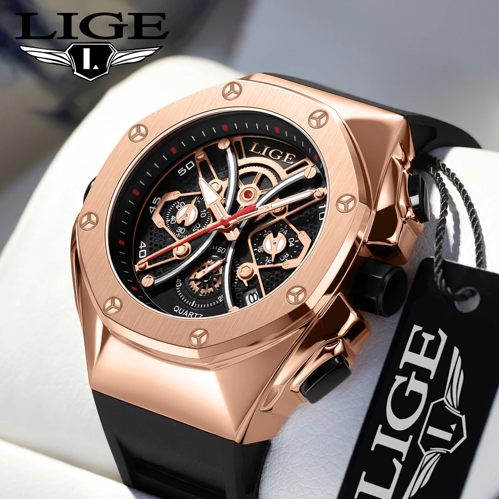 LIGE Joker Dial Men Quartz Watch Top Brand Rubber Strap Wristwatch Meteorite Shell Design Auto Date 30M Waterproof Watch For Men