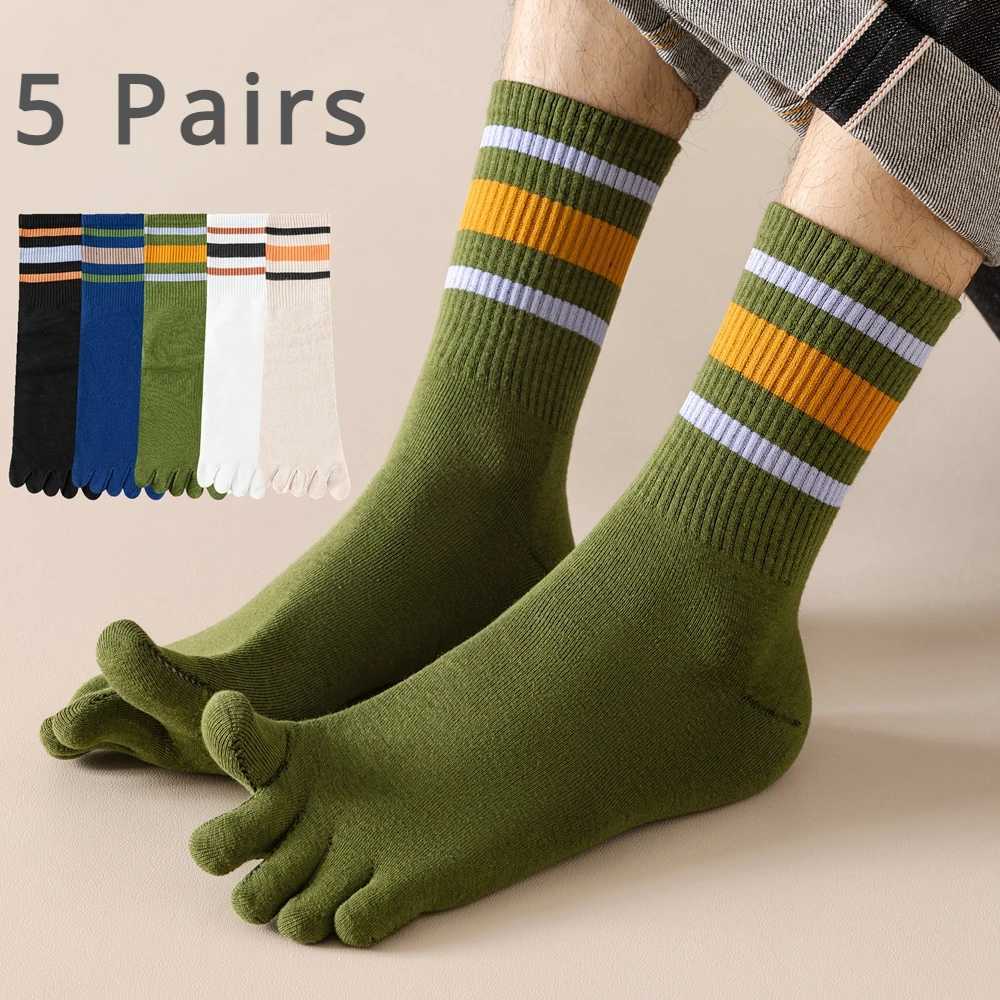 5 Pairs Men Five Toe with Separate Fingers Mid Tube Five Finger Striped Cotton Sports Summer High Quality LX241102