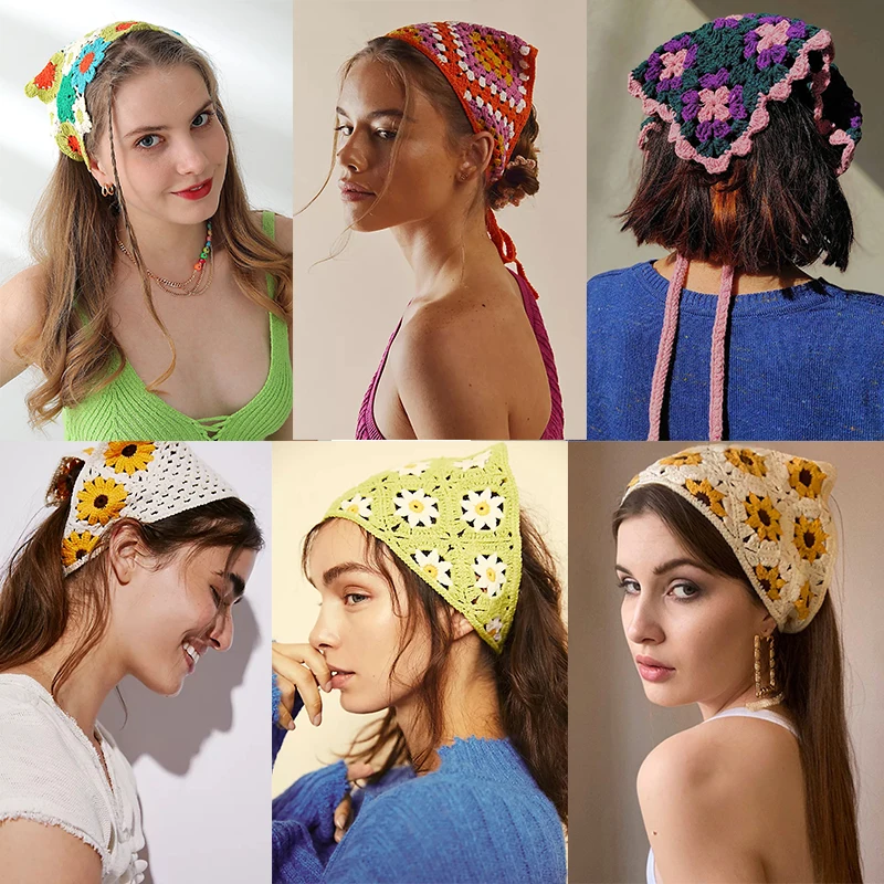Crochet Flower Hair Scarf Headband Bandana Hairband for Women Daisy Knitting Triangle Scarf Turban Headbands Hair Accessories