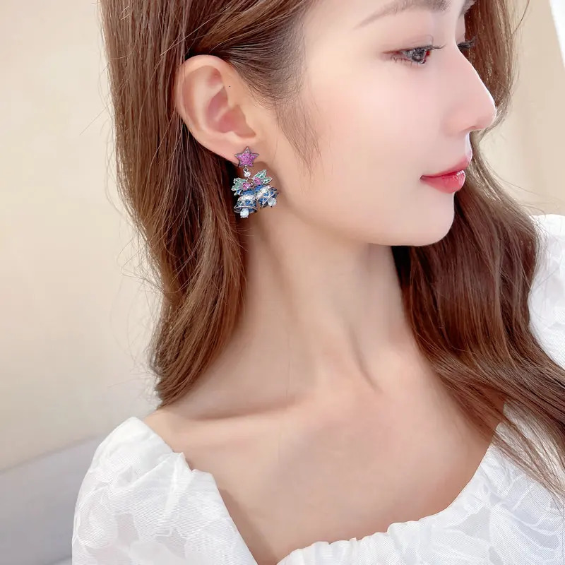 Sparkling star bow earrings pendant crystal Christmas bell earrings Year jewelry gifts personalized cubic zirconia pendant earrings 241031