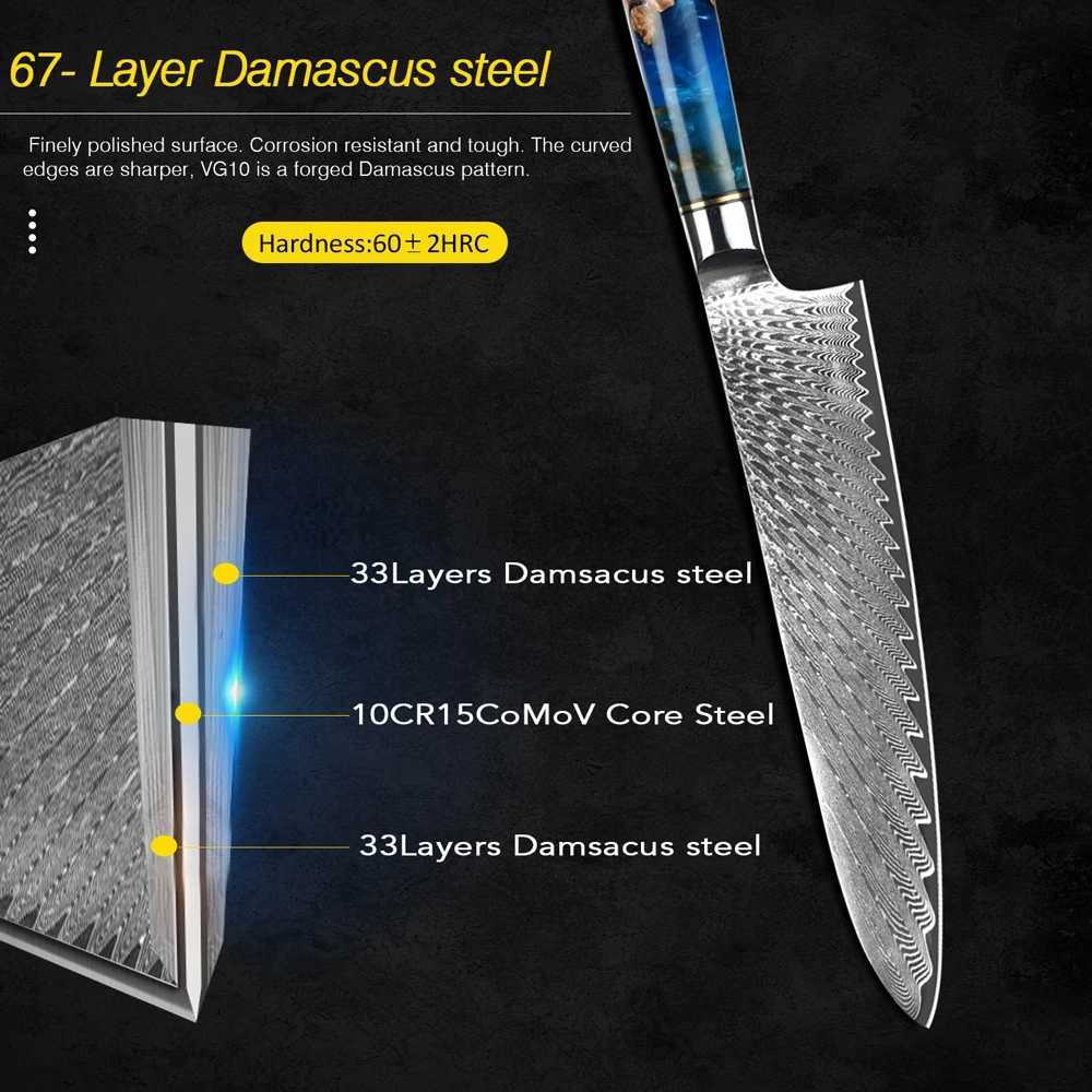 Damascus steel kitchen knife VG10 chefs side dish bread knife chefs sharp edge Japanese Santoku knife resin wooden handle set X241102