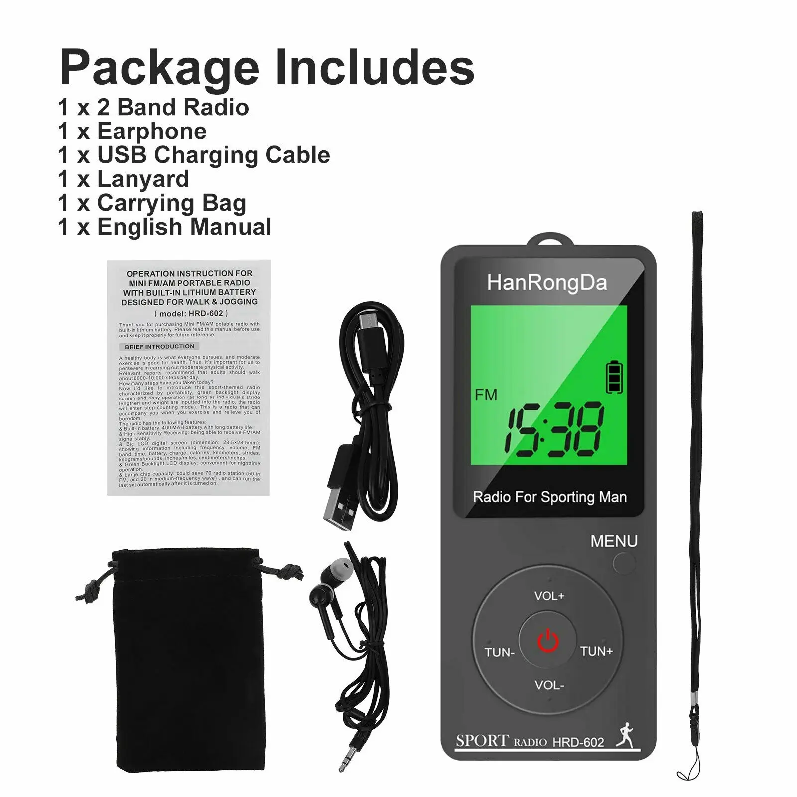 Portable LED Display with Pedometer Headphones Digital Tuning Sports Radio for AM FM Mini Radio for Running Walking Pocket Radio