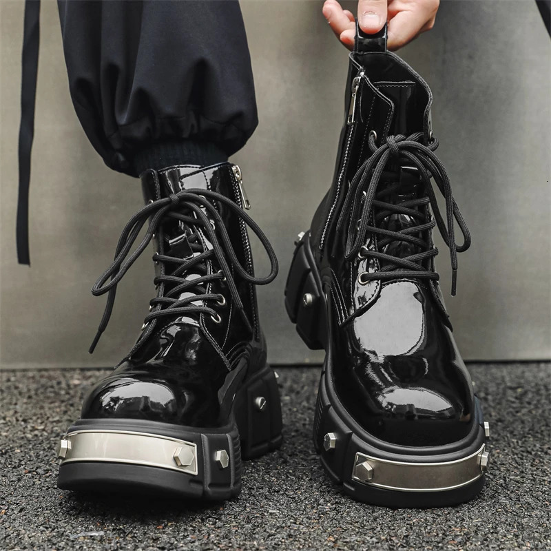 original high-quality street style black patent leather boots suitable for mens metal decorated high gain shoes 241031