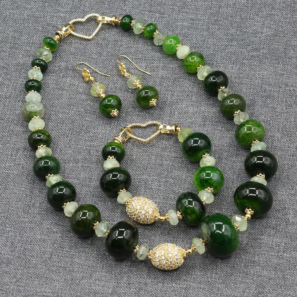 Guai Jewelry Natural Green Prehnite Jade Polishing Raw Agate Smooth Rondelle CZ Bead Necklace Bracelet Earring Set 241031