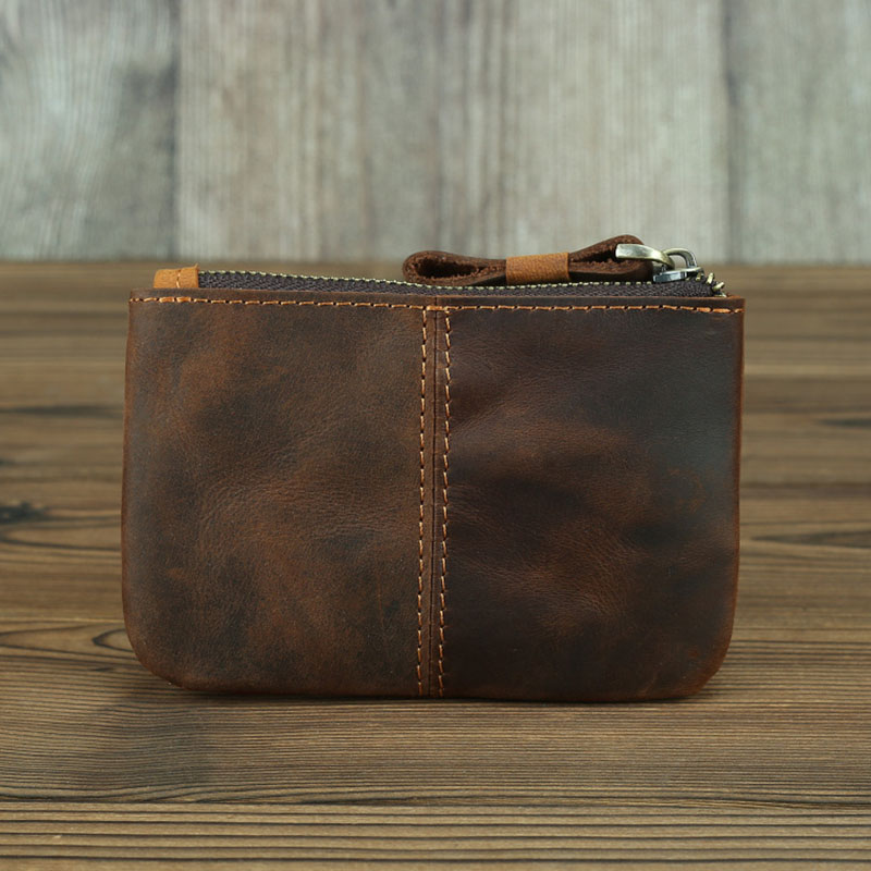 Vintage Crazy Horse Leather Men Coin Purse Retro Key Holder Small Money Bag Clutch Bag Genuine Leather Zipper Coin Wallet