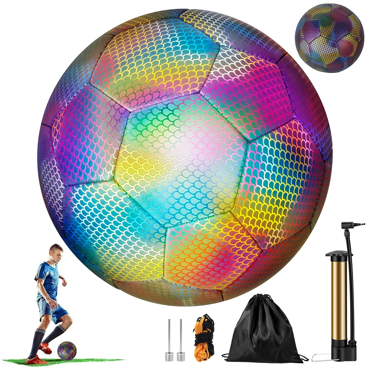 Reflective Football Holographic Luminous Soccer Ball Night Outdoor Sports Glowing Standard Soccer Size 5 for Kids Adult Training