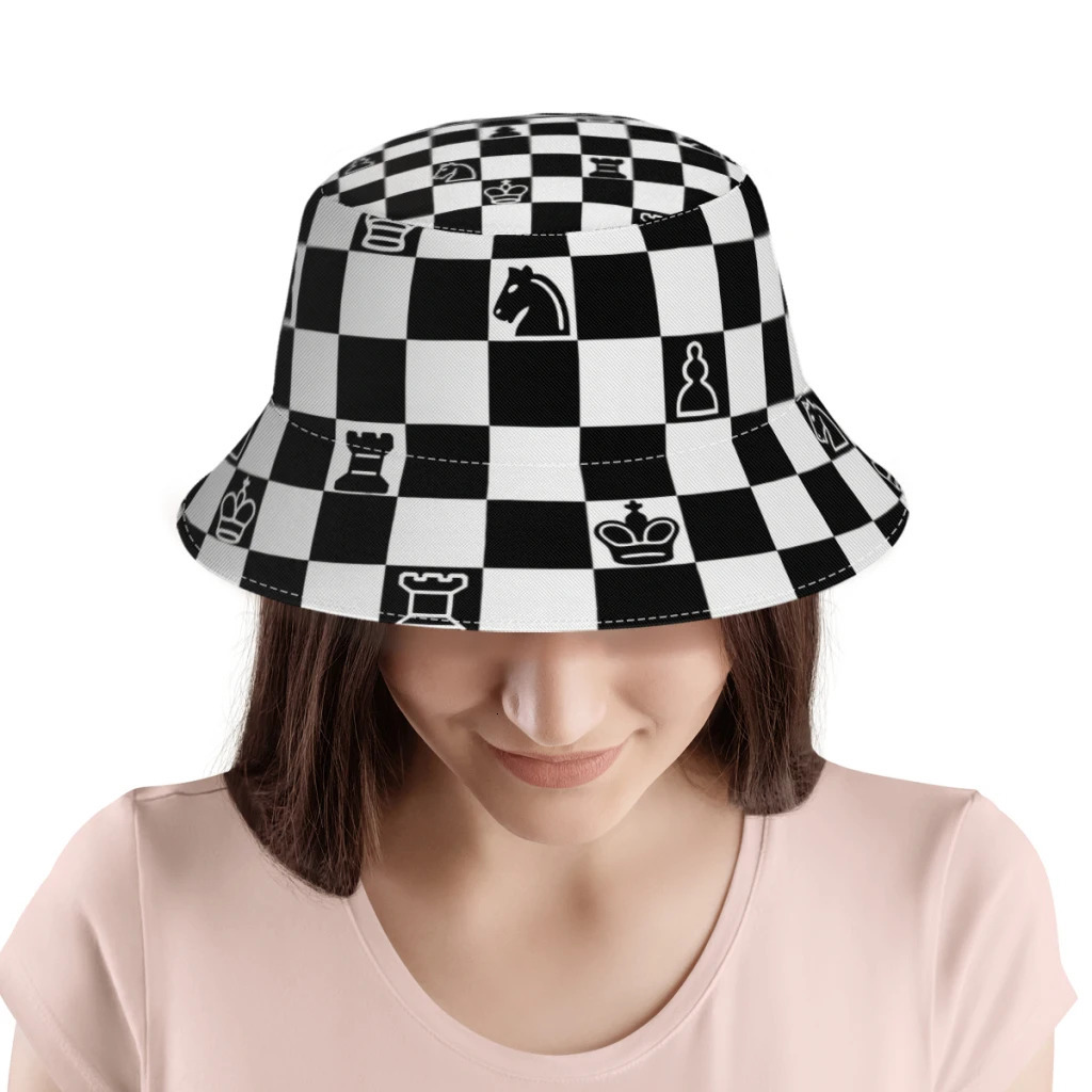 Chess Polyester Bucket Hats Unisex Full Printed Panama Fisherman Cap Outdoor Sun Hat 240320