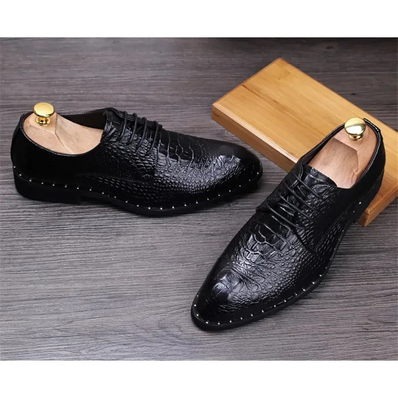 Fashion Mens Alligator Grain Size Leather Dress Shoes Mens Casual Dot Toe Oxford Mens Lace Business Office Oxford Shoes 241031