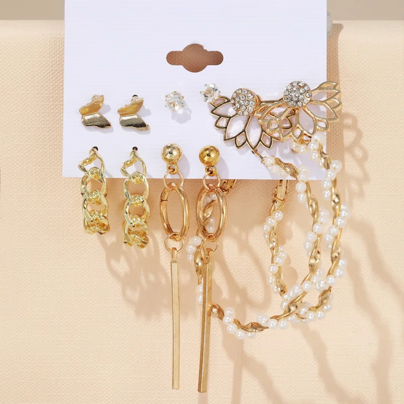 9 pairs Gold Color Pearl Earring Sets Hoop Earrings Creative Simple Party Earrings Vintage Circle Hoop Earring Party Jewelry New