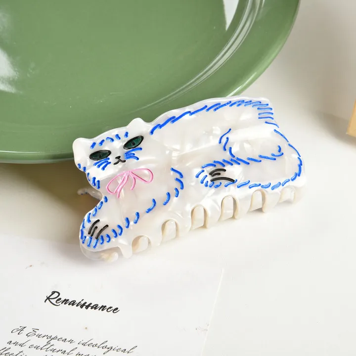Muweordy White Persian Cat Hair Clip Cute Blue Curly Cat Crab Hair Clip Shark Clip for Girl Creative Hair Accessories for Women