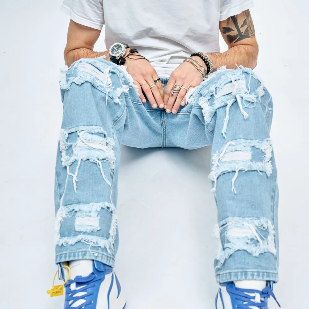 2023 Simple Stylish Men Ripped Patch Hip Hop Loose Jeans Pants Streetwear Male Straight Denim Trousers 240323
